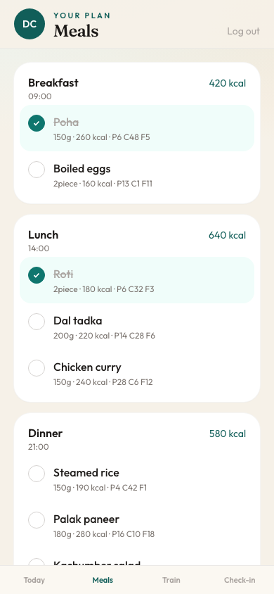 Client meals screen